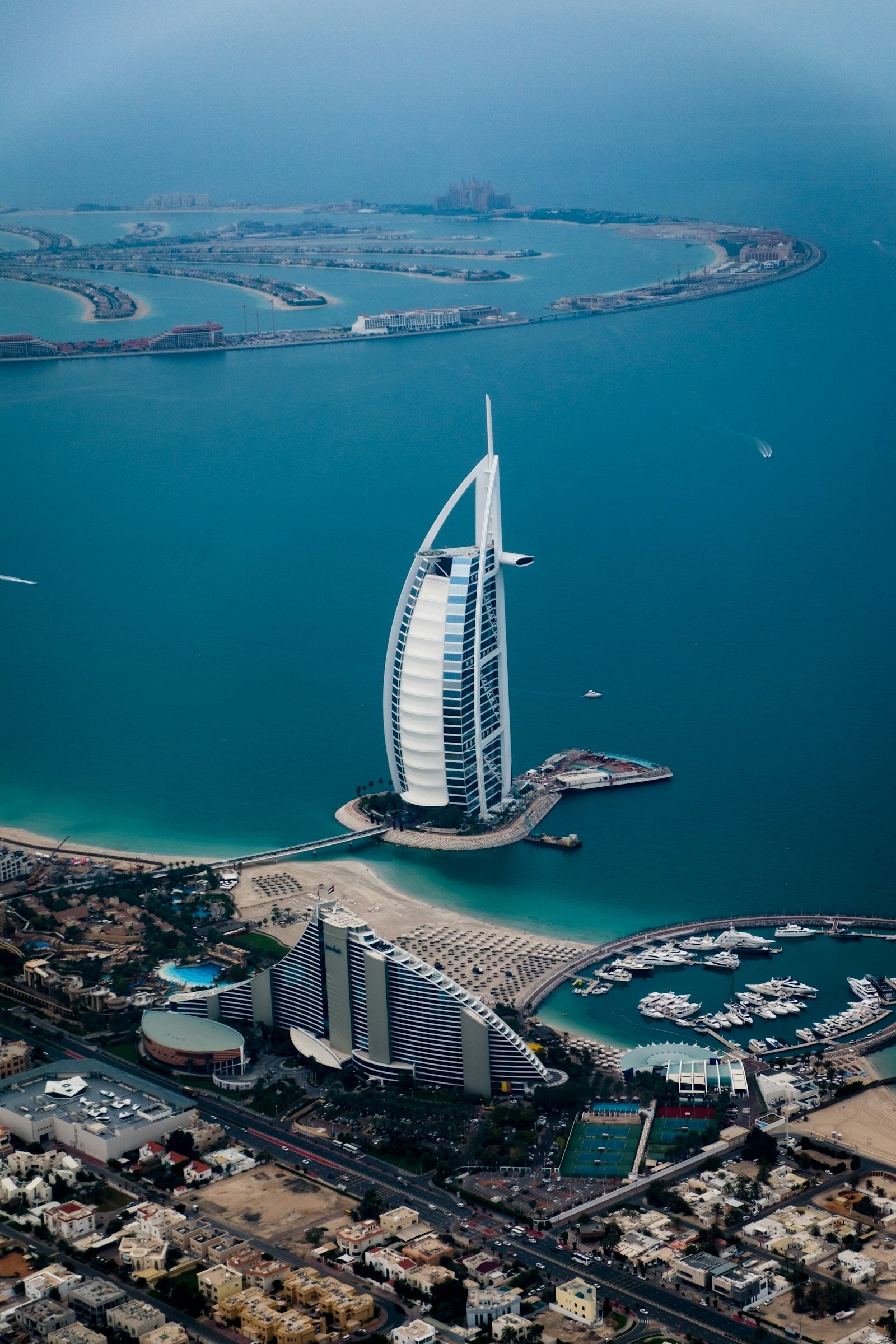 Aerial view of the Burj Al Arab and Dubai coastline
